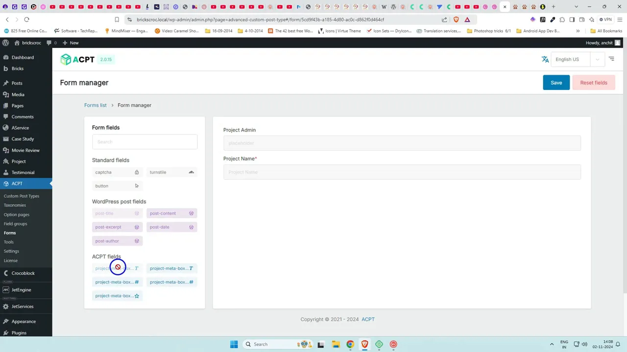 ACPT form builder manage screen where fields are selected to display