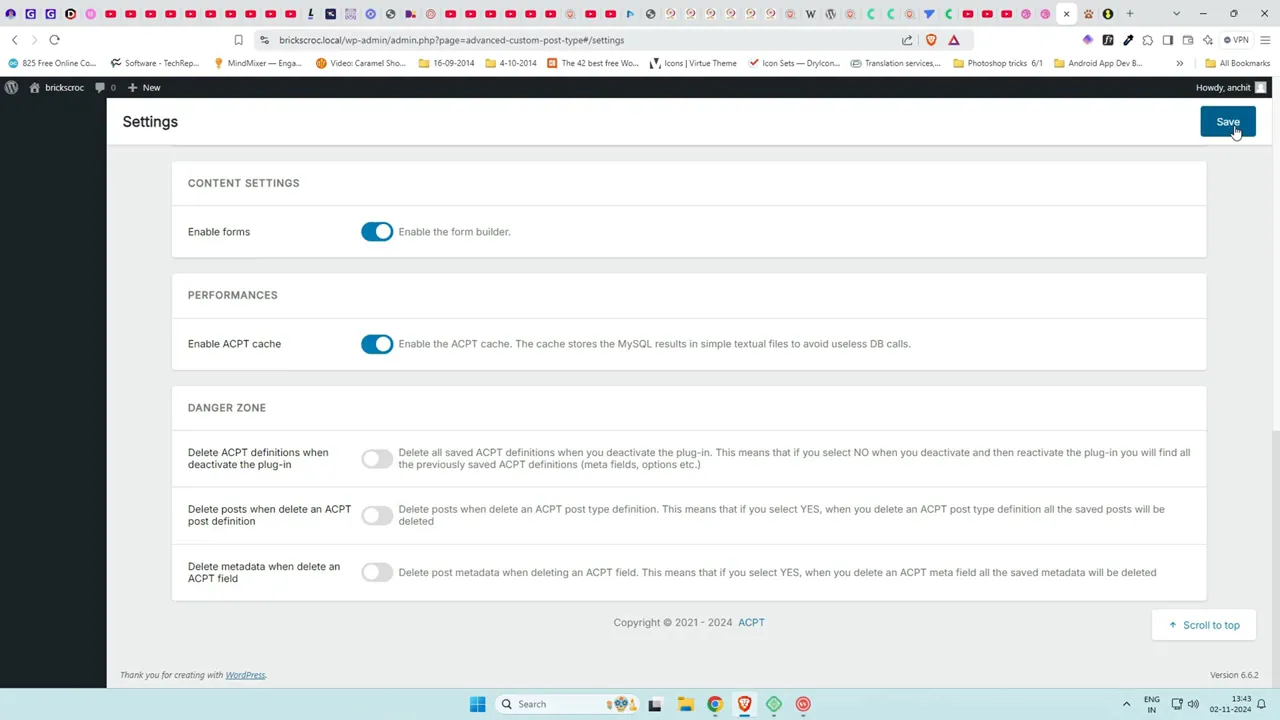 ACPT settings page where ACPT forms and cache are enabled