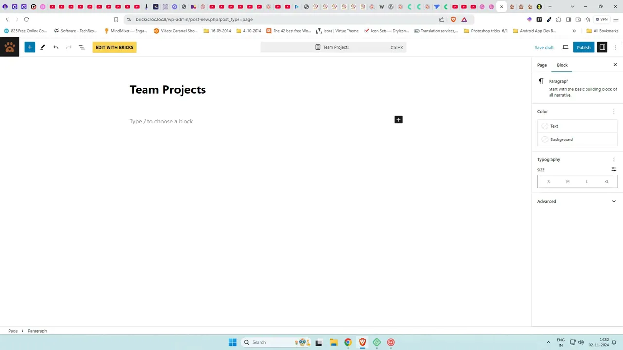 Team Projects page created in WordPress and ready to edit with Bricks