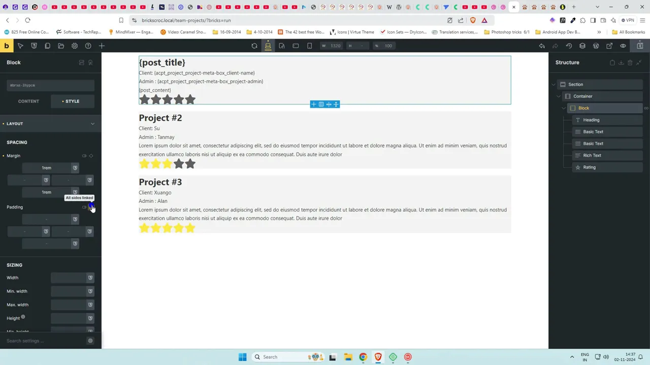 Applying margin and gap to block element in Bricks to separate project cards